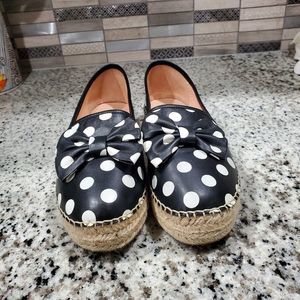 Kate Spade Black White Linds Leather Polka Dots Espadrille Flats Platforms 10